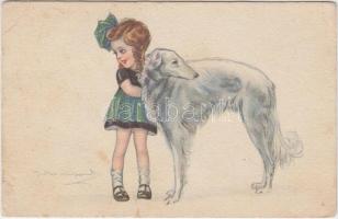 Italian art postcard, girl with dog s: Bompard