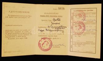 1945 Szabad közlekedésre jogosító orosz-magyar kétnyelvű igazolvány belügyi alkalmazott részére