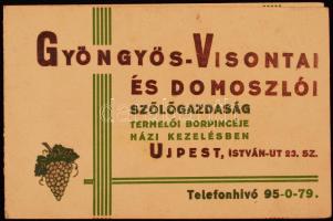 cca 1940 A gyöngyös visontai és domoszlói szőlőgazdaság bort hirdető reklámnyomtatványa