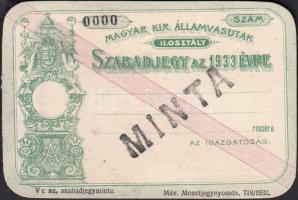 1933 Magyar Királyi Államvasutak által kibocsátott szabadjegy minta az 1933. évre