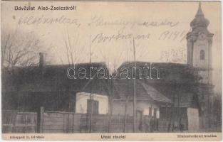 Alsózsolca, utca, templom, kiadja Hitelszövetkezet (EK)