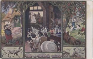 Der Wolf und die 7 Geisslein / The wolf and the seven goats, folk tale, Märchen Nr. 315. artist signed