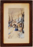 E. Horváth István: Séta a misére. Akvarell, papír, jelzett, antik keretben, 37×18 cm
