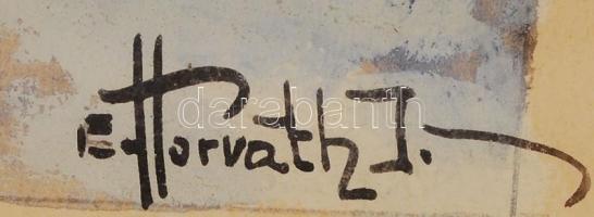 E. Horváth István: Séta a misére. Akvarell, papír, jelzett, antik keretben, 37×18 cm