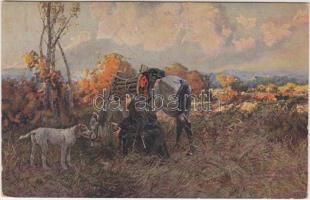Katona a lovával és a katonájával s: J. Vesín, Soldier with his horse and dog s: J. Vesín