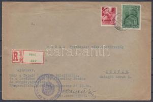 1944 Ajánlott levél katonai igazolással a hátoldalon ritka kék "KELETI ARCVONAL BAJTÁRSI SZÖVETSÉG 1944 Esztergom" bélyegzéssel Ungvárra / registered cover with military certification and propaganda seal