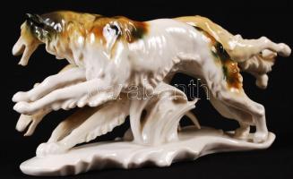 Ens vadászó agarak, kézzel festett, jelzett, hibátlan, h:29 cm, m:14 cm