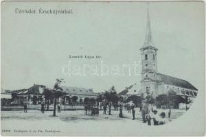 Érsekújvár, Kossuth Lajos tér, templom, gyógyszertár / square, church, pharmacy (EK)