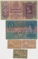 1912-1914. 20K + 50K + 100K felülbélyegzésekkel + 1930. 100P + Pécs 1919. 10f + 20f + 50f pénztárjeg...