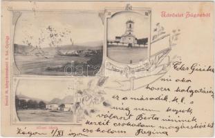 1899 Zágon, állami iskola, Református templom, kiadja Benkő M. / school, church, Art Nouveau floral (EK)