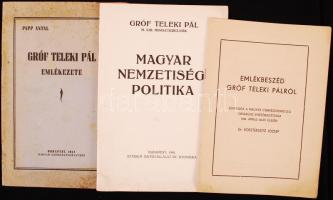 1940-1941 Teleki Péllal kacsolatos 3 db nyomtatvány: Magyar nemzetiségi politika, Gróf Teleki Pál emlékezete, Emlékbeszéd Gróf teleki Pálról.