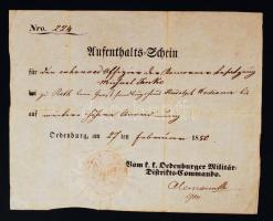 1850 Sopron (Oedenburg), Német nyelvű tartózkodási engedély / 1850 Oedenburg, residence permit