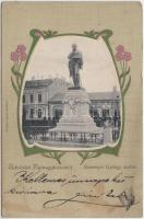 Nyíregyháza, Bessenyei György szobra; Art Nouveau floral litho; Piringer János kiadása