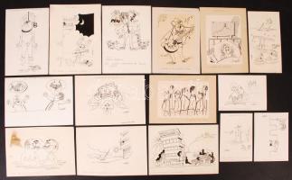 Komádi Imre (1930-1988): 16 db karikatúra, tus, papír, többsége jelzett, 12×20 cm