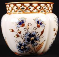 Zsolnay búzavirág mintás áttört kaspó, kézzel festett, hibátlan, jelzett, m: 10 cm, d: 9 cm /Hand painted Zsolnay pot