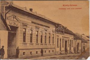 Királyhelmec, Főtér, Királyhelmeci gazdasági és kereskedelmi bank, Rigó szálloda; Klein József kiadása / bank at the main square, Hotel Rigó (EM)