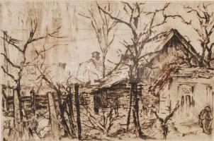 Remsey Gábor (1925-1999): Udvar. Rézkarc, papír, üvegezett keretben, jelzett. Kép mérete: 20x30 cm