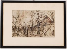 Remsey Gábor (1925-1999): Udvar. Rézkarc, papír, üvegezett keretben, jelzett. Kép mérete: 20x30 cm