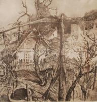 Remsey Gábor (1925-1999): Szadai udvar. Rézkarc, papír, üvegezett keretben, jelzett. Kép mérete: 28x29 cm