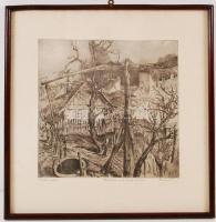 Remsey Gábor (1925-1999): Szadai udvar. Rézkarc, papír, üvegezett keretben, jelzett. Kép mérete: 28x...