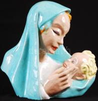 Komlós kerámia, Madonna a gyermekével, festett mázas kerámia, alján kisebb lepattanás, jelzett, m:26 cm, h:27 cm