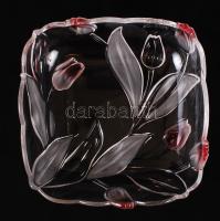 Rózsaszín tulipánokkal díszített szép üvegtál, hibátlan, 26x26 cm