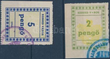 1944 Szeged városi illetékbélyeg 2P 2 oldalon + 5P 1 oldalon vágott (2P város kis "A"-val)