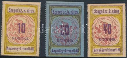 1920 Szeged város anyakönyvi kivonati díj 10K, 20K, 40K