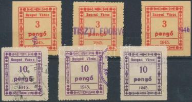 1945 Szeged városi illetékbélyegek 3 x 3P + 3 x 10P vágott oldalak