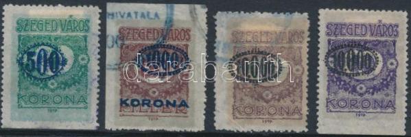 1923 Szeged városi illetékbélyegek 500K, 1000K, 10.000K, 10.000K eltolódott felülnyomatokkal