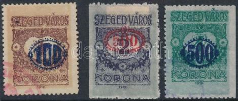 1923 Szeged városi illetékbélyegek 100K, 500K, 500K eltolódott felülnyomatok