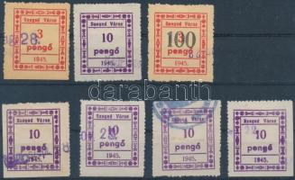 1945 Szeged városi illetékbélyeg 3P, 10P, 100P/3P + 4 x 10P 1 vagy 2 oldalon vágva