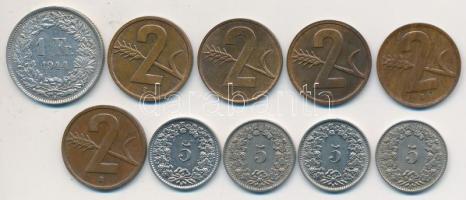 Svájc 1930-1957. 2r (3x) + 5r (4x) + 1944. 1Fr Ag T:2 Switzerland 1930-1957. 2 Rappen (3x) + 5 Rappen (4x) + 1944. 1 Franc Ag C:XF