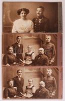1911-1913 3db nagyobb méretű keményhátú kabinetfotó, Katona családjával " Pápa- Sörensen Béla" , hátoldalán feliratozva, 20,5 x 11 cm/ Military photo, soldier with his family before the world war I., label on the back