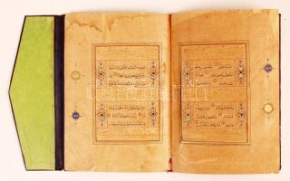 cca 1880-1900 Kézzel írott perzsa szent díszítőmotívumokkal aranyozott egészbőr kötésben, sérült állapotban, 8p / cca 1880-1900 Persian holy script in full leather binding