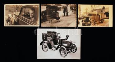 cca 1930-19403 db régi autókat ábrázoló fotó, egy régi autót ábrázoló modern fotó, 14x9 és 17x12 cm-...