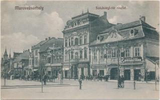 Marosvásárhely, Széchenyi tér, József Emil cipőraktára, Takarékpénztár, Benjamin Adolf lisztraktára, Hary Géza és Hübner Lajos üzletei, Vasváry és Halász Kávépörköldéje, Szalmásy Kávépörköldéje, Porjes S. Sándor kiadása / square, shoe warehouse, flour warehouse, shops, cafe shop