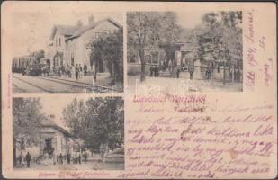 Varjas, vasútállomás, mozdony, gyógyszertár, Elsner F. Gyula ruhaboltja és kiadása / railway station, locomotive, pharmacy, shop (wet damage)