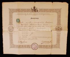 1895 Esztergom, Esztergom szabad királyi város által kiállított kovácsmesteri bizonyítvány 50 kr okmánybélyeggel