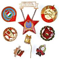 8db klf zománcozott, szocialista jelvény, "Kiváló Dolgozó", "KISZ", "Szocialista Brigád", "MHSZ", "Magyar Népköztársaság Úttörője", "Törzsgárda", "Kisdobos" jelvények T:2