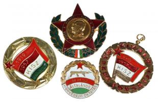 ~1960. "Hűség a néphez, hűség a párthoz" zománcozott kitüntetés, szign.: Ságvári + "KISZ - Kiváló Ifjúsági Vezető" zománcozott jelvény mellszalag nélkül + "KISZ" aranyozott, zománcozott jelvény + "MHSZ (Munkára, harcra kész) általános honvédelmi oktatás" zománcozott jelvény T:2