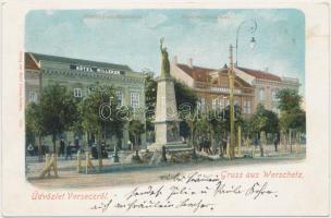 Versec, Honvéd emlékszobor, Hotel Milleker, takarékpénztár; Wetti Vilmos kiadása / military monument, hotel, bank