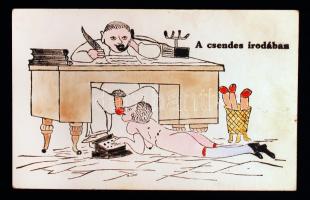 Humoros erotikus grafika felirattal, vegyes technika, 14x9 cm