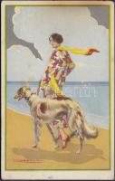 Italian art postcard, lady with sighthound s: T. Corbella (fl)