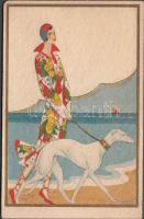 Italian art postcard, lady with sighthound, artist signed (fa)