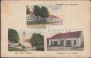 Alsódombó, Római katolikus iskola, templom és plébánia, Fogyasztási szövetkezet / Roman catholic church, rectory and school, cooperative (EK)