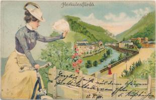 Herkulesfürdő, cyclist lady, litho (fl)