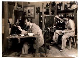 Sziklai Dezső (1910-1997): Festményrestaurátorok a főiskolán, hátoldalán feliratozva, 18x24 cm