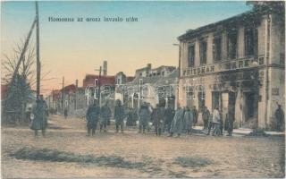 Homonna, az orosz invázió után, Friedman vegyeskereskedése, Walter Mór kiadása / After the Russian invasion, shop, soldiers