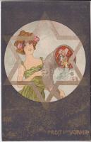 New Year, M. Raschka = Raphael Kirchner litho art postcard (r)